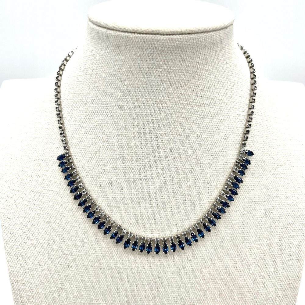 Sapphire Blue‎ Rhinestone Necklace Silver Tone Choker Elegant Evening Jewelry